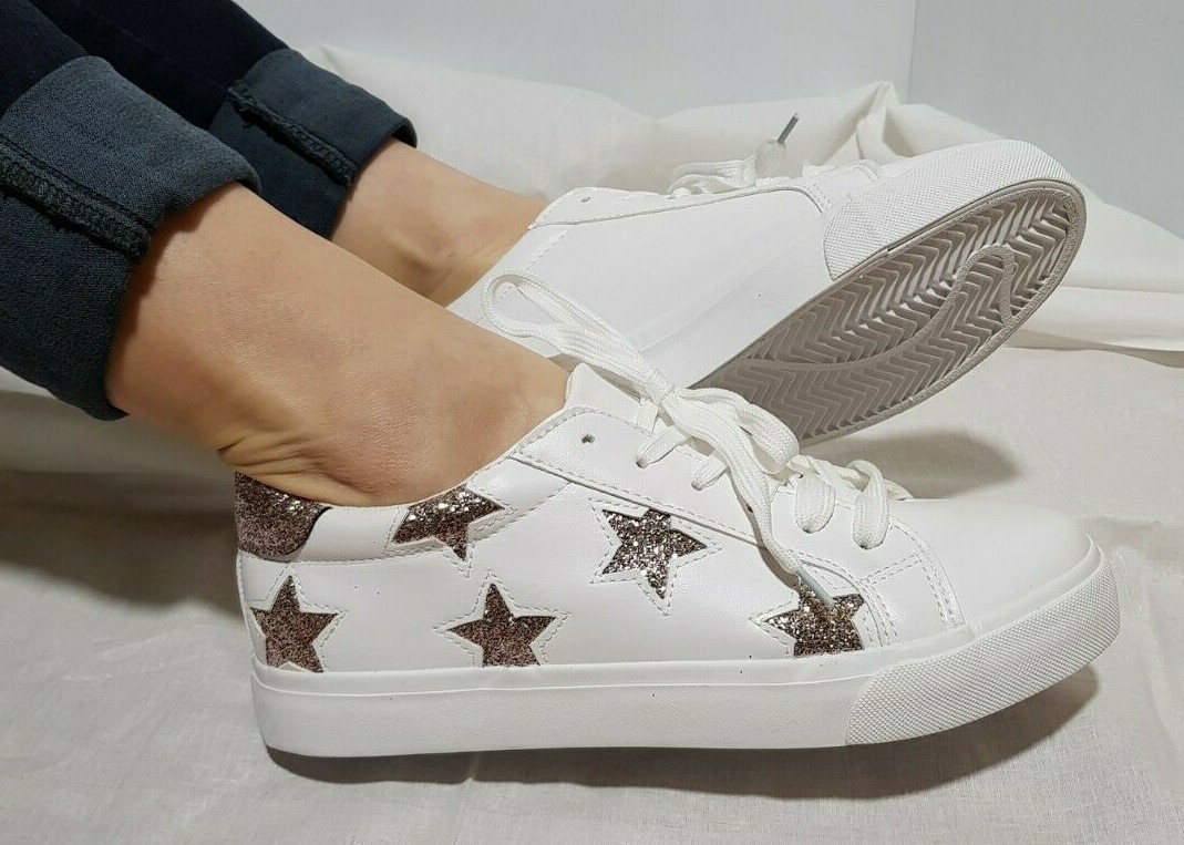 NEW WOMEN'S SHOES SNEAKERS PUMPS WHITE SHINNY PINK STARS EMBELLISHED M891 | eBay